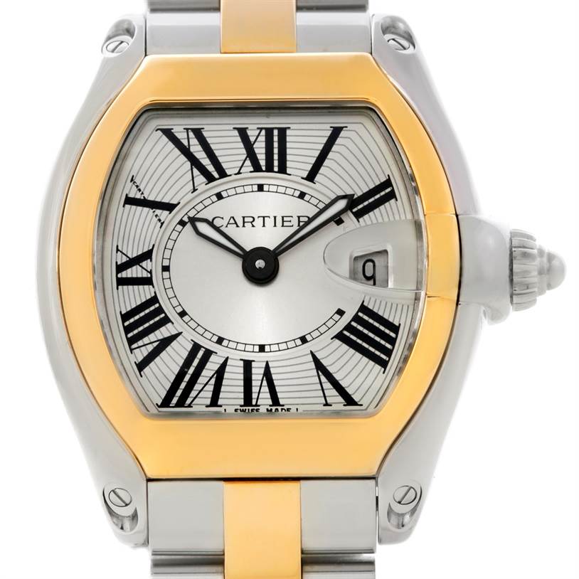 This image shows the face and part of the bracelet of a Cartier Roadster W62026Y4 Women's Steel and Gold (two tone) Silver Dial W62026Y4 Women's Steel and Gold (two tone) Silver Dial watch, displaying the dial, hands, and date window.