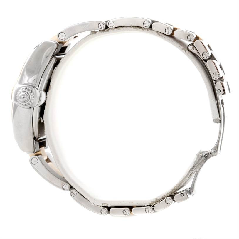 The image shows a side profile of a Cartier Roadster W62026Y4 Women's Steel and Gold (two tone) Silver Dial W62026Y4 Women's Steel and Gold (two tone) Silver Dial watch, highlighting the crown and bracelet links.