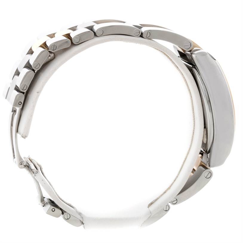 The image shows a side view of a Cartier Roadster W62026Y4 Women's Steel and Gold (two tone) Silver Dial W62026Y4 Women's Steel and Gold (two tone) Silver Dial watch, focusing on the bracelet and case.