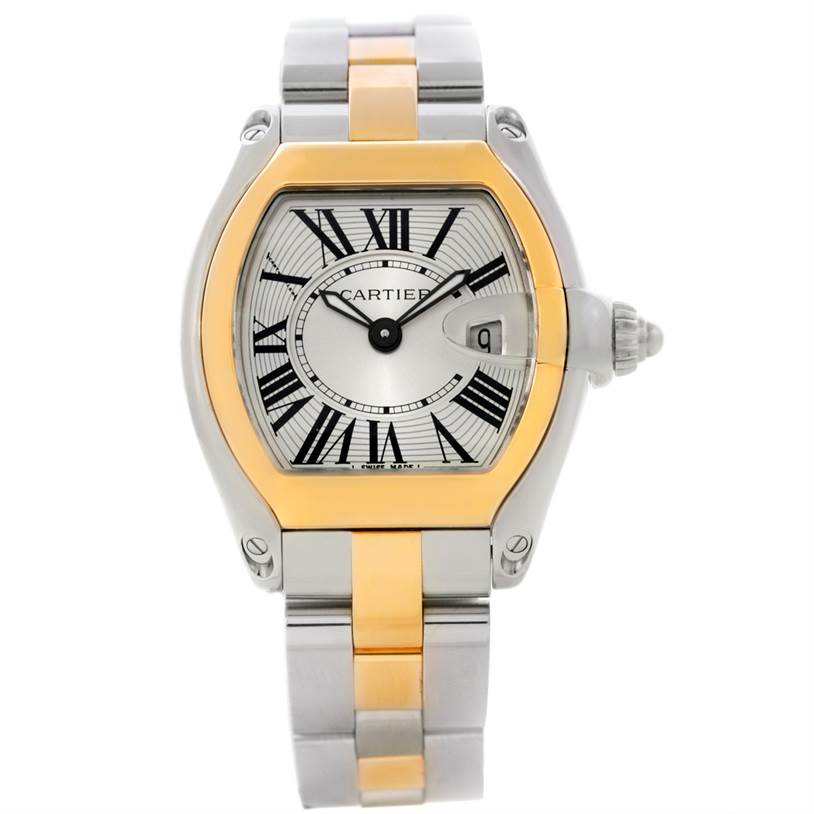 The Cartier Roadster W62026Y4 Women's Steel and Gold (two tone) Silver Dial W62026Y4 Women's Steel and Gold (two tone) Silver Dial watch is shown from the front, displaying its face, bezel, and bracelet.