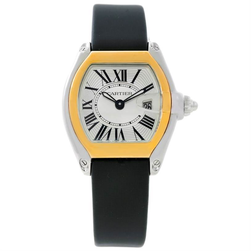 This Cartier Roadster W62026Y4 Women's Steel and Gold (two tone) Silver Dial W62026Y4 Women's Steel and Gold (two tone) Silver Dial watch is shown from the front, displaying the face, bezel, crown, and black strap.