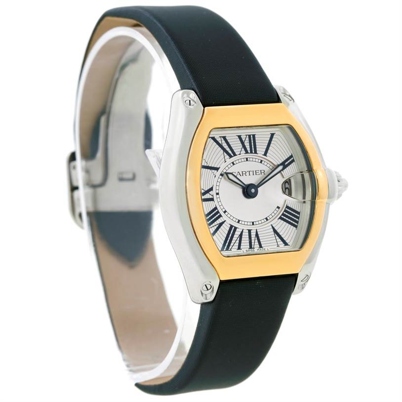 The Cartier Roadster W62026Y4 Women's Steel and Gold (two tone) Silver Dial W62026Y4 Women's Steel and Gold (two tone) Silver Dial watch is shown at a slight angle, highlighting the face, bezel, strap, and crown.
