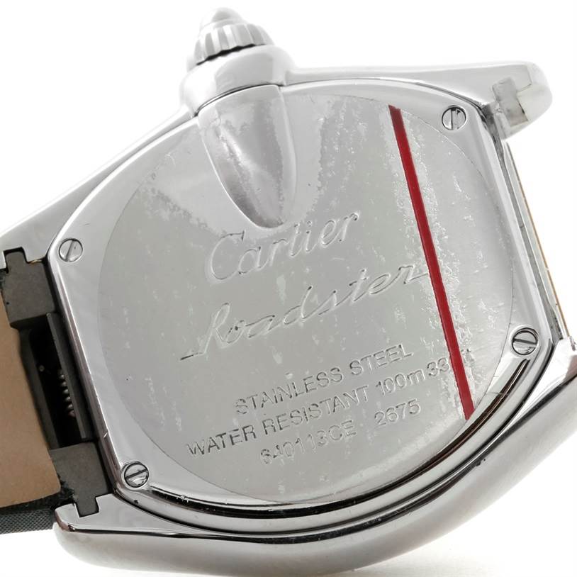 This image shows the stainless steel case back of a Cartier Roadster W62026Y4 Women's Steel and Gold (two tone) Silver Dial W62026Y4 Women's Steel and Gold (two tone) Silver Dial watch, viewed from the rear angle.
