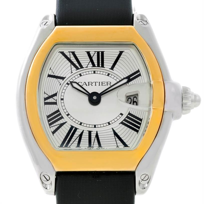 The image shows a front view of the Cartier Roadster W62026Y4 Women's Steel and Gold (two tone) Silver Dial W62026Y4 Women's Steel and Gold (two tone) Silver Dial watch, highlighting its dial, hands, date window, and bezel.