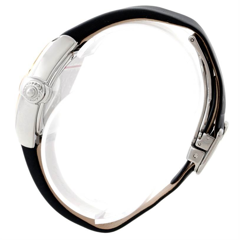 This image shows a Cartier Roadster W62026Y4 Women's Steel and Gold (two tone) Silver Dial W62026Y4 Women's Steel and Gold (two tone) Silver Dial watch from a side angle, highlighting the crown and part of the strap.