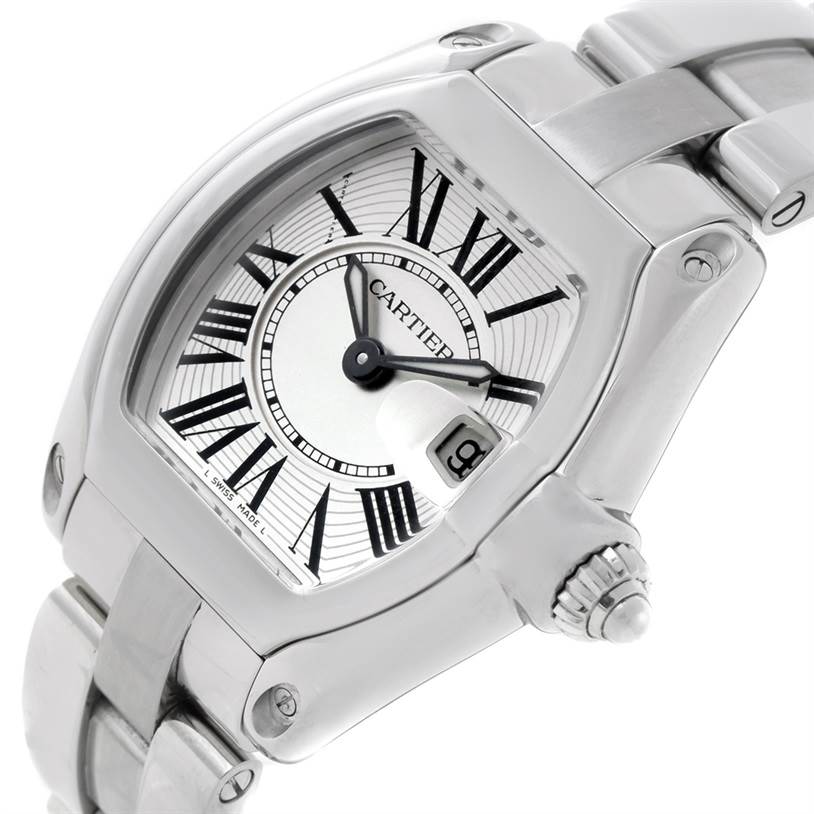 The image shows a close-up of the face and part of the bracelet of a Cartier Roadster W62016V3 Women's Stainless Steel Silver Dial W62016V3 Women's Stainless Steel Silver Dial watch, highlighting the dial and crown.