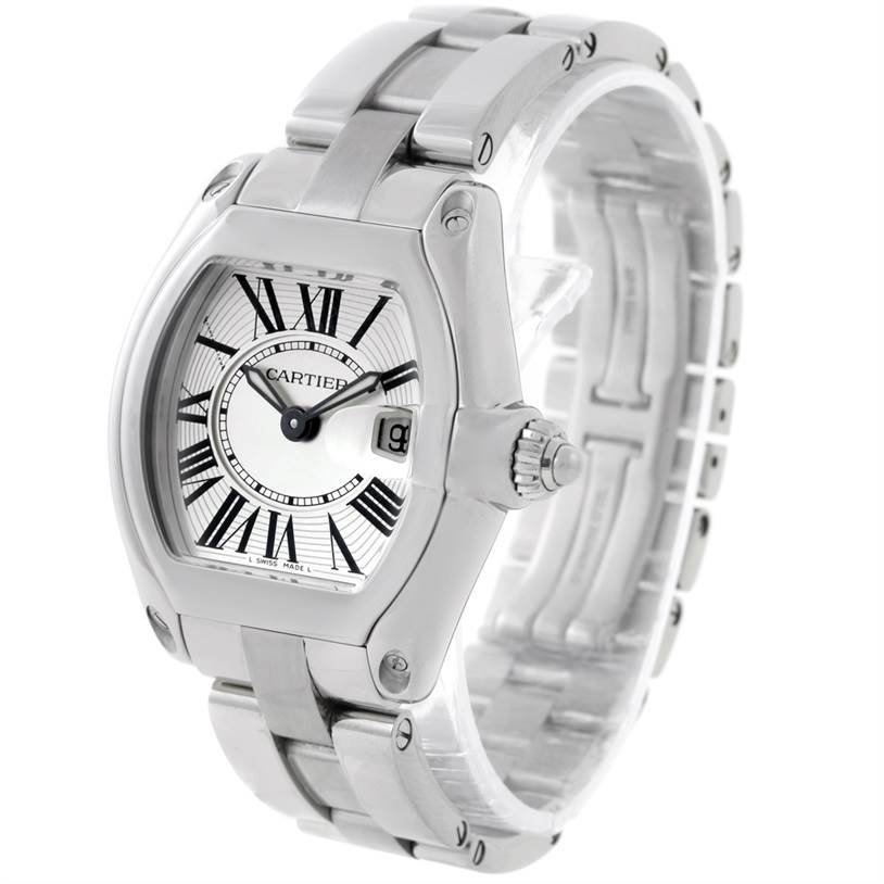 The Cartier Roadster W62016V3 Women's Stainless Steel Silver Dial W62016V3 Women's Stainless Steel Silver Dial watch is shown at a three-quarter angle, highlighting the face, bezel, and bracelet.