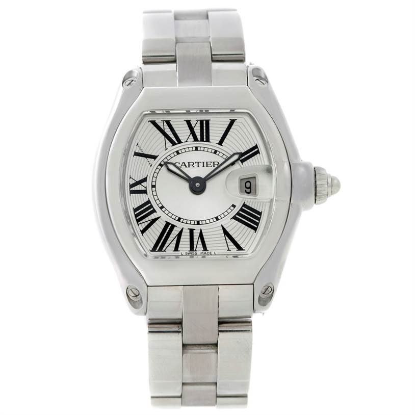 The image shows a front view of the Cartier Roadster W62016V3 Women's Stainless Steel Silver Dial W62016V3 Women's Stainless Steel Silver Dial watch, highlighting its face, bezel, crown, and bracelet.
