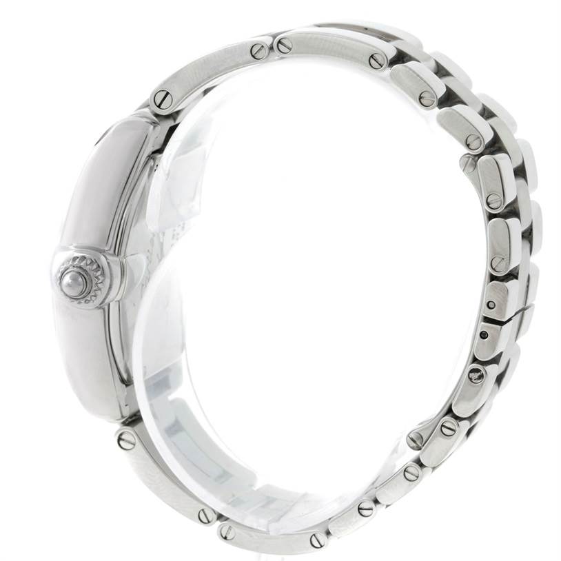 The image shows a Cartier Roadster W62016V3 Women's Stainless Steel Silver Dial W62016V3 Women's Stainless Steel Silver Dial watch from a side angle, highlighting its bezel, crown, and metal bracelet.