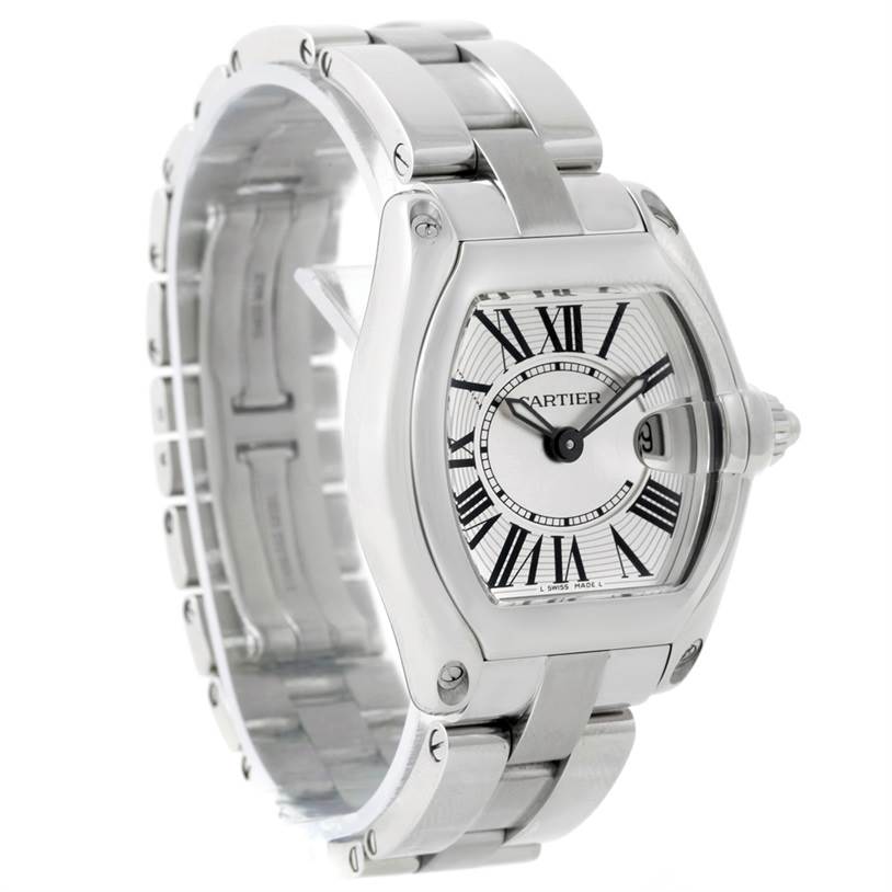 The image shows a side and front view of the Cartier Roadster W62016V3 Women's Stainless Steel Silver Dial W62016V3 Women's Stainless Steel Silver Dial model watch, highlighting its stainless steel case, dial, and bracelet.