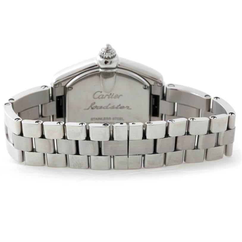 This image shows the back view of the Cartier Roadster W62016V3 Women's Stainless Steel Silver Dial W62016V3 Women's Stainless Steel Silver Dial model watch, displaying the stainless steel case and bracelet.