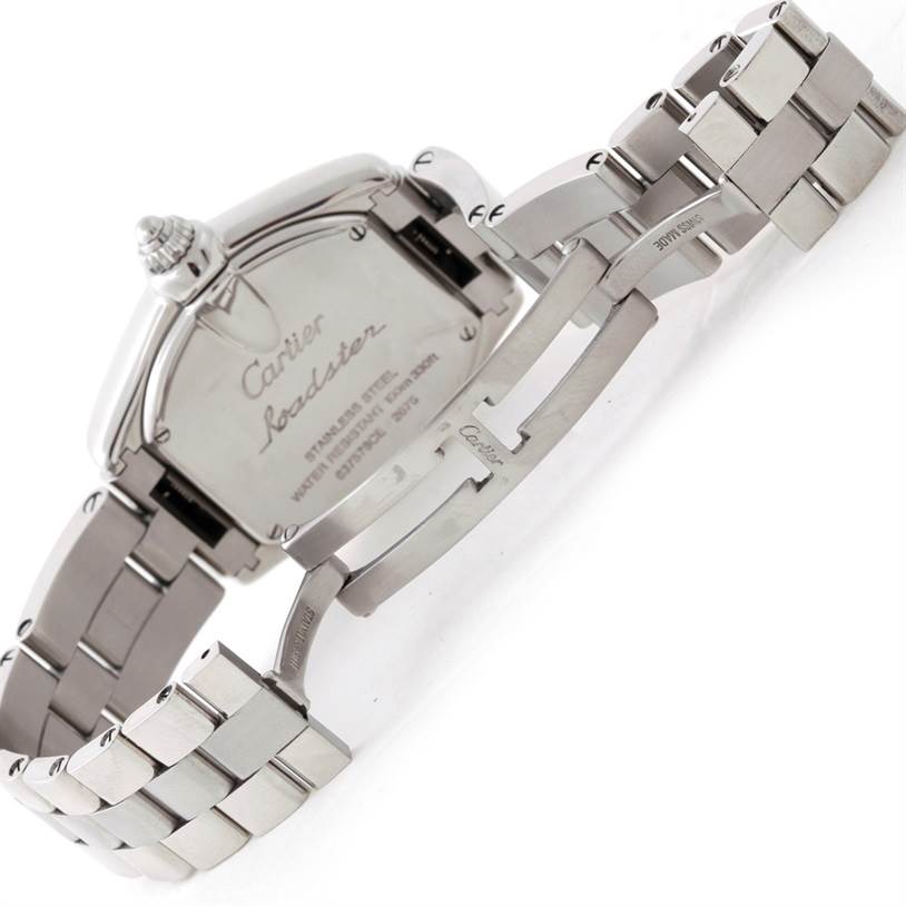 This image shows the back view of a Cartier Roadster W62016V3 Women's Stainless Steel Silver Dial W62016V3 Women's Stainless Steel Silver Dial watch, highlighting the case back, deployment clasp, and bracelet.
