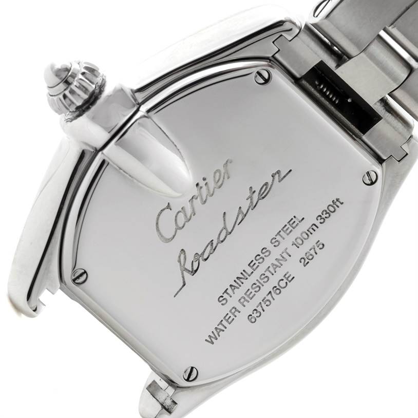 A Cartier Roadster W62016V3 Women's Stainless Steel Silver Dial W62016V3 Women's Stainless Steel Silver Dial watch is shown from the backside, highlighting the case back and a portion of the bracelet.
