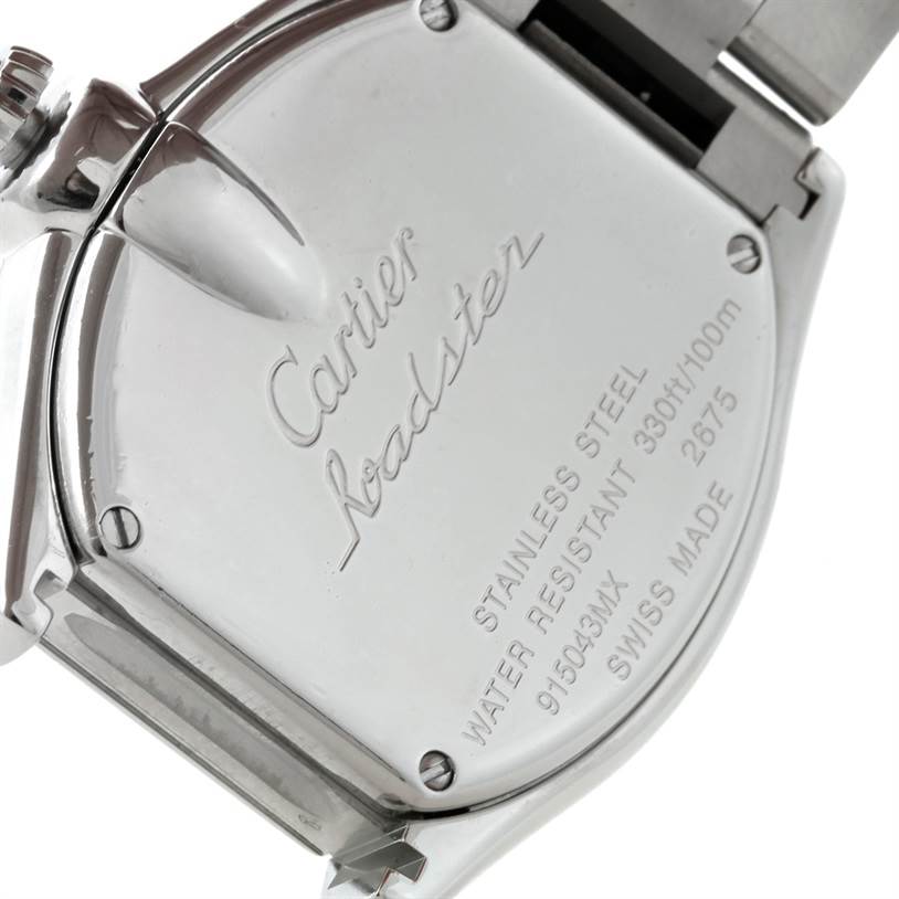 The image shows the back case of a Cartier Roadster W6206006 Women's Stainless Steel Mother of Pearl Dial W6206006 Women's Stainless Steel Mother of Pearl Dial watch at an angle, displaying engravings and part of the bracelet attachment.