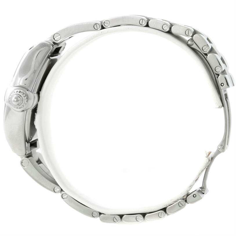 This Cartier Roadster W6206006 Women's Stainless Steel Mother of Pearl Dial W6206006 Women's Stainless Steel Mother of Pearl Dial watch is shown from a side view, highlighting the bracelet and crown.
