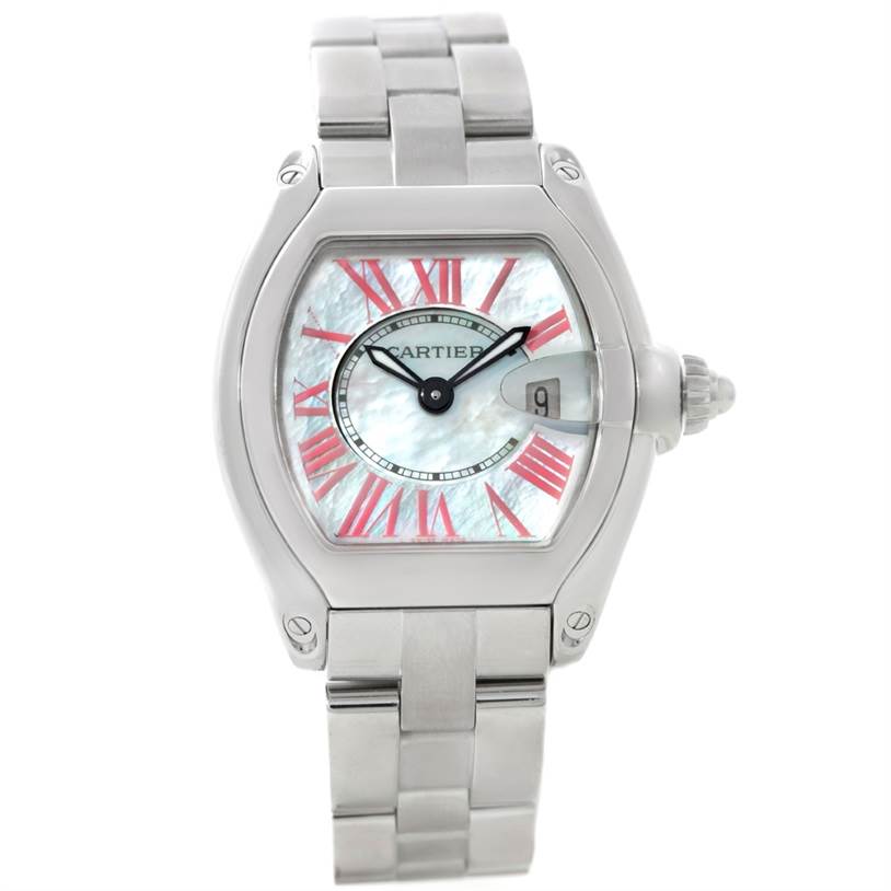 The image shows a front view of a Cartier Roadster W6206006 Women's Stainless Steel Mother of Pearl Dial W6206006 Women's Stainless Steel Mother of Pearl Dial watch, featuring its dial, bezel, crown, and bracelet.