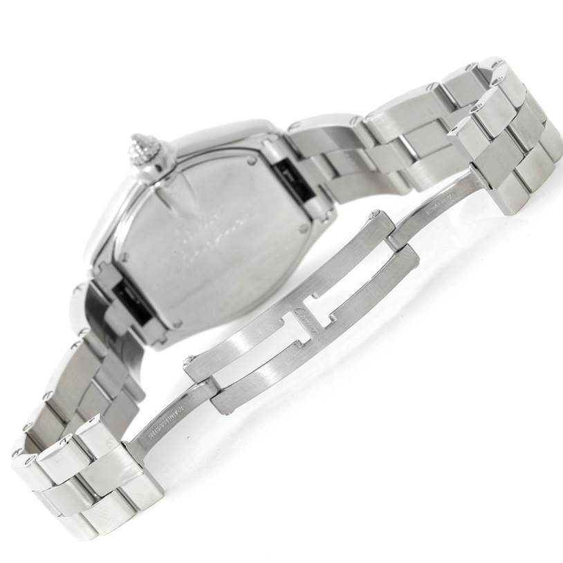 The image shows the back view and clasp of a Cartier Roadster W6206006 Women's Stainless Steel Mother of Pearl Dial W6206006 Women's Stainless Steel Mother of Pearl Dial watch with a stainless steel bracelet.