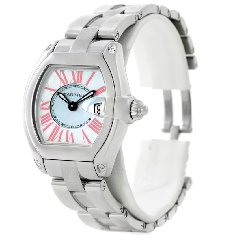 This image shows a Cartier Roadster W6206006 Women's Stainless Steel Mother of Pearl Dial W6206006 Women's Stainless Steel Mother of Pearl Dial watch at a slight angle, highlighting the face, bezel, and bracelet.