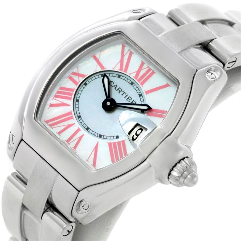 The Cartier Roadster W6206006 Women's Stainless Steel Mother of Pearl Dial W6206006 Women's Stainless Steel Mother of Pearl Dial watch is shown from an angled front view, displaying its dial, date window, crown, and partial bracelet.