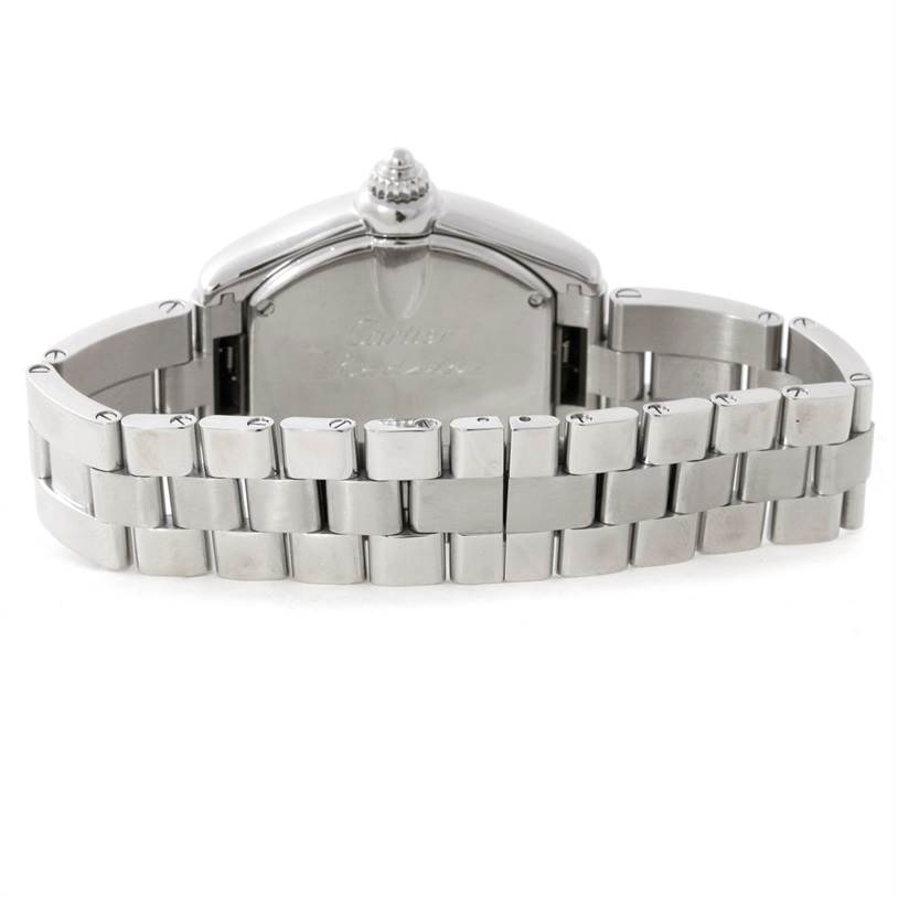 The image shows the rear view of a Cartier Roadster W6206006 Women's Stainless Steel Mother of Pearl Dial W6206006 Women's Stainless Steel Mother of Pearl Dial watch, focusing on the closed metal bracelet and backside of the watch case.