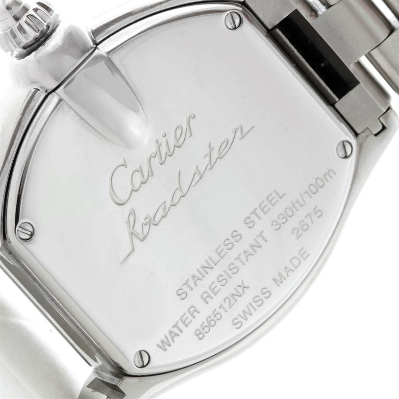 This close-up image shows the back case of a Cartier Roadster W62016V3 Women's Stainless Steel Silver Dial W62016V3 Women's Stainless Steel Silver Dial watch, highlighting the model details and water resistance.