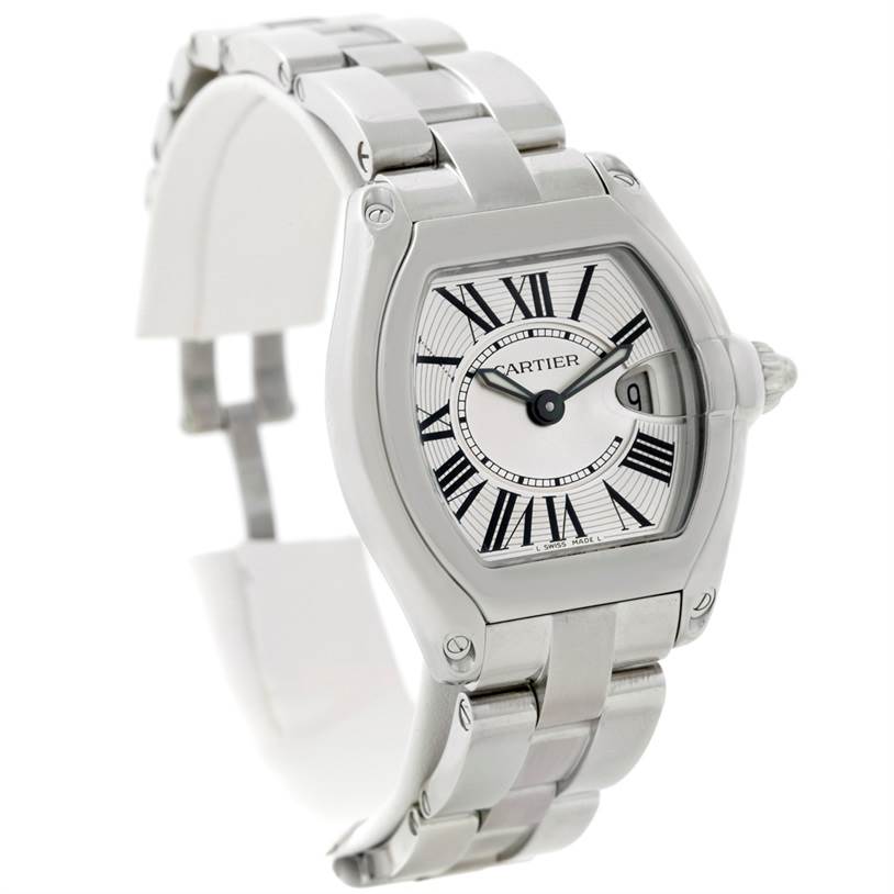 The image shows a Cartier Roadster W62016V3 Women's Stainless Steel Silver Dial W62016V3 Women's Stainless Steel Silver Dial watch at a slight angle, highlighting its dial, bezel, and bracelet.