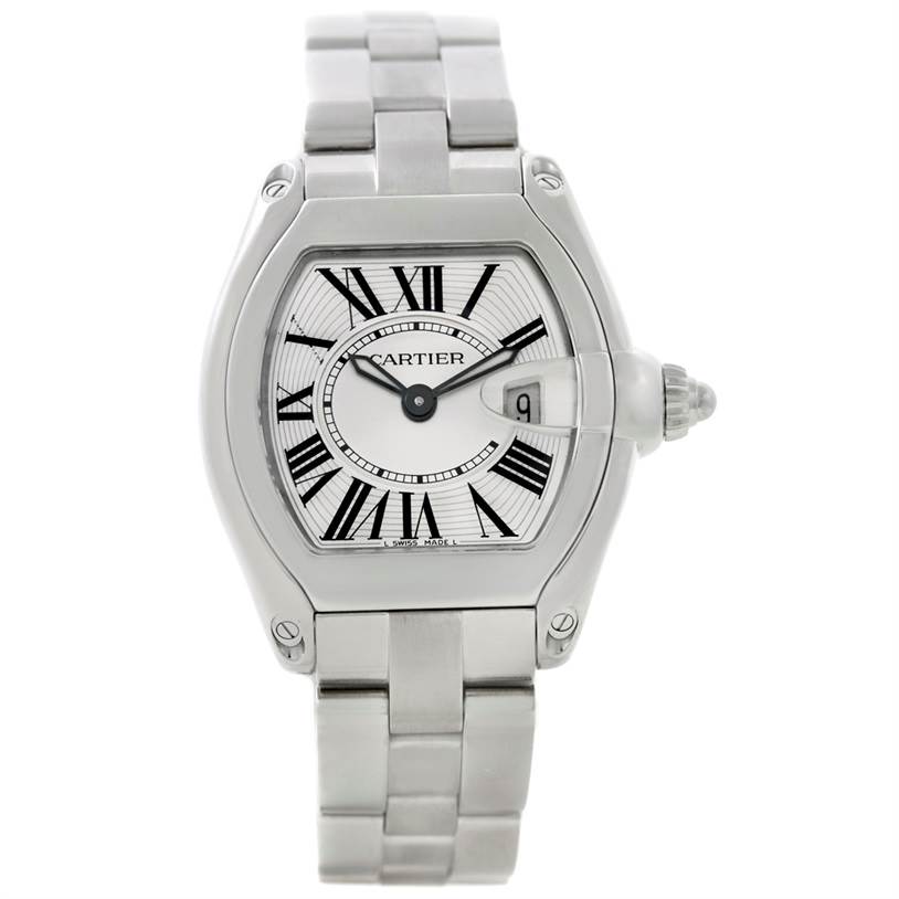 The image shows a front view of the Cartier Roadster W62016V3 Women's Stainless Steel Silver Dial W62016V3 Women's Stainless Steel Silver Dial watch, highlighting its face, bezel, and metal bracelet.