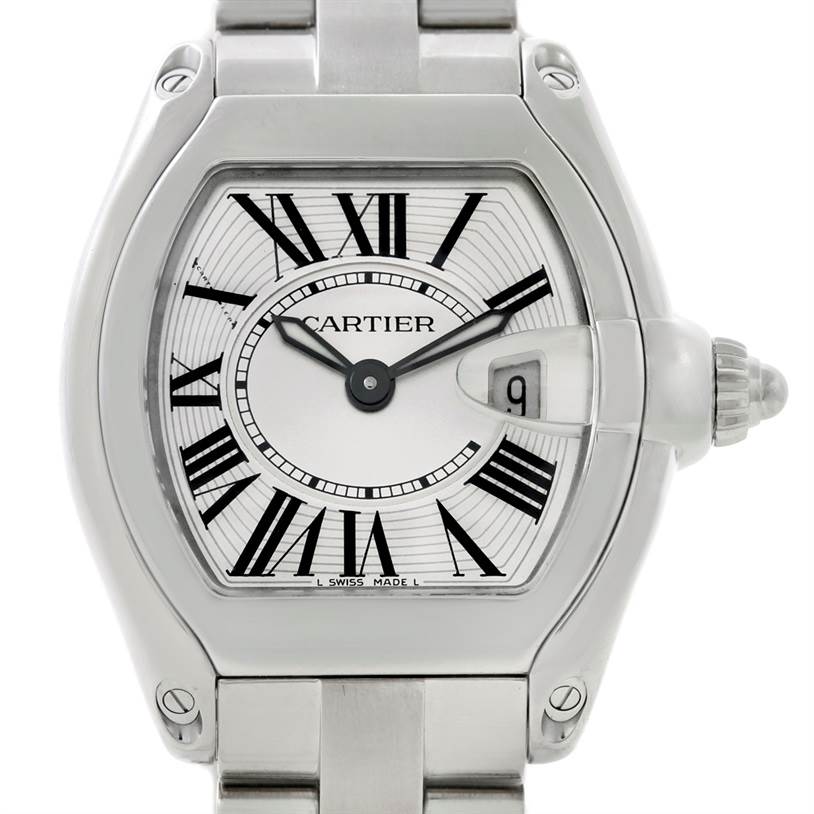 The image shows a front view of the Cartier Roadster W62016V3 Women's Stainless Steel Silver Dial W62016V3 Women's Stainless Steel Silver Dial watch, highlighting the face, Roman numerals, and the metal bracelet.