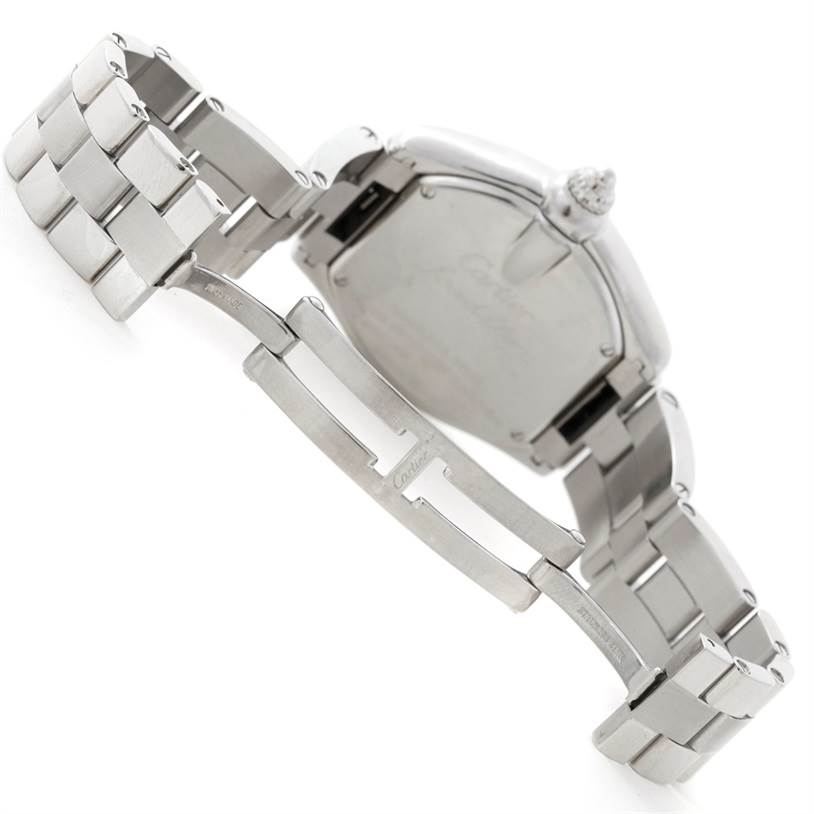 The image shows the rear and side parts of the Cartier Roadster W62016V3 Women's Stainless Steel Silver Dial W62016V3 Women's Stainless Steel Silver Dial watch, highlighting the bracelet and clasp mechanism.