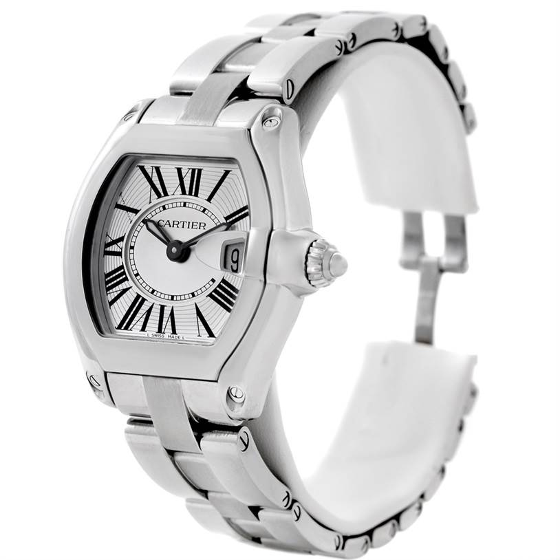 The Cartier Roadster W62016V3 Women's Stainless Steel Silver Dial W62016V3 Women's Stainless Steel Silver Dial watch is shown at a slight angle, highlighting the face, crown, and part of the bracelet.