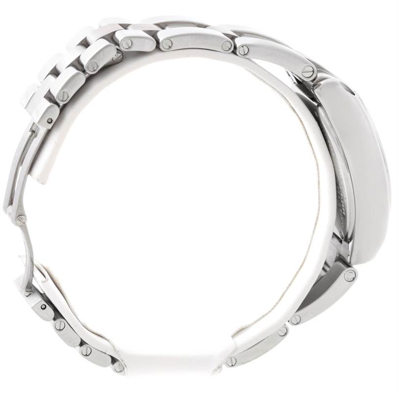 This image shows a side view of the Cartier Roadster W62016V3 Women's Stainless Steel Silver Dial W62016V3 Women's Stainless Steel Silver Dial watch, highlighting its metal bracelet and case.