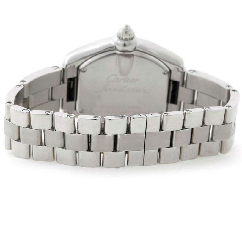 This image shows the back view of a Cartier Roadster W62016V3 Women's Stainless Steel Silver Dial W62016V3 Women's Stainless Steel Silver Dial watch, highlighting its stainless steel bracelet and clasp.