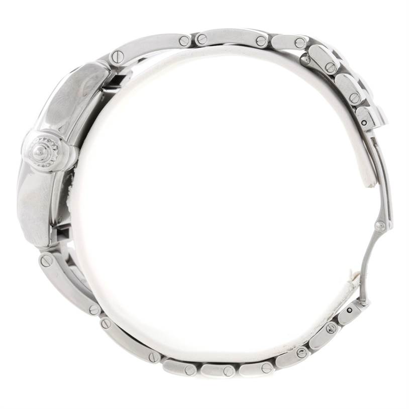 This image shows a side view of the Cartier Roadster W62016V3 Women's Stainless Steel Silver Dial W62016V3 Women's Stainless Steel Silver Dial watch highlighting its bracelet and crown.