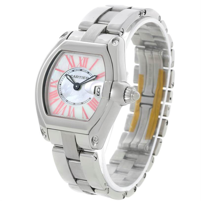 The image shows a Cartier Roadster W6206006 Women's Stainless Steel Mother of Pearl Dial W6206006 Women's Stainless Steel Mother of Pearl Dial watch from a front-side angle highlighting the face, bracelet, crown, and side details.