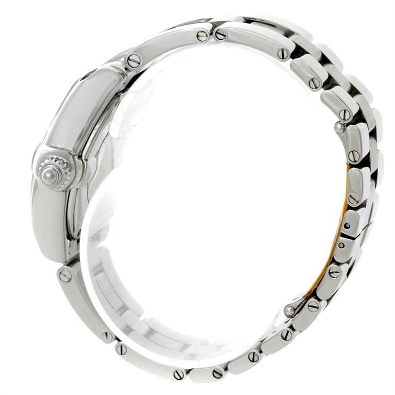 This is a side view of the Cartier Roadster W6206006 Women's Stainless Steel Mother of Pearl Dial W6206006 Women's Stainless Steel Mother of Pearl Dial watch, showing its metal band and crown.