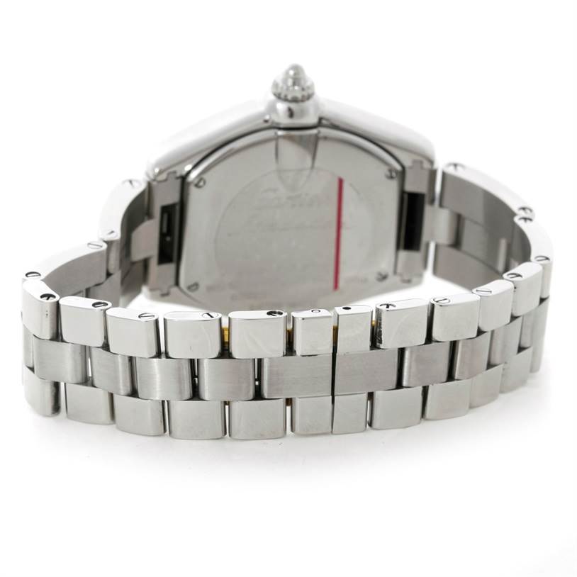 This image shows the back and bracelet of a Cartier Roadster W6206006 Women's Stainless Steel Mother of Pearl Dial W6206006 Women's Stainless Steel Mother of Pearl Dial watch from a rear angle.