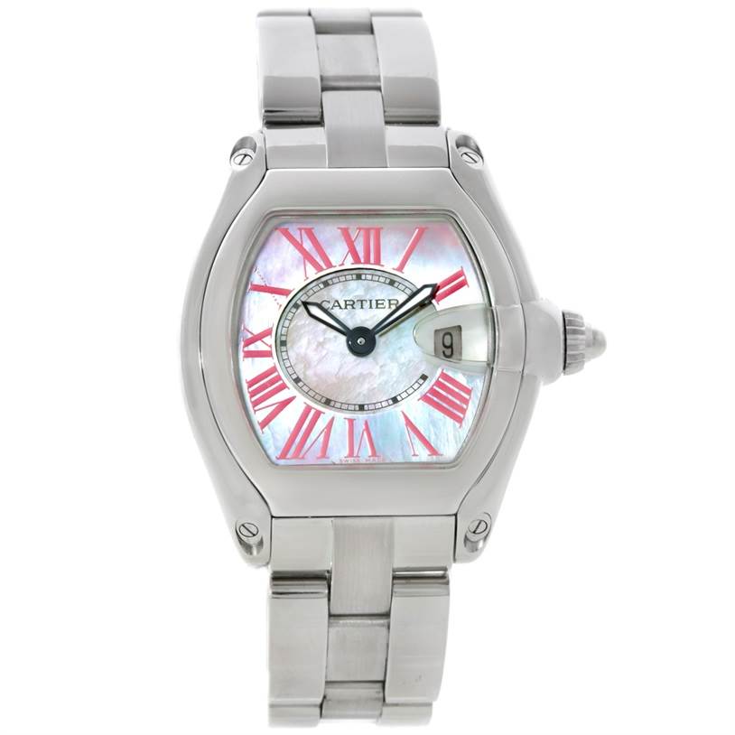 The image shows a Cartier Roadster W6206006 Women's Stainless Steel Mother of Pearl Dial W6206006 Women's Stainless Steel Mother of Pearl Dial watch from the front, highlighting its face, bezel, bracelet, and date magnifier.