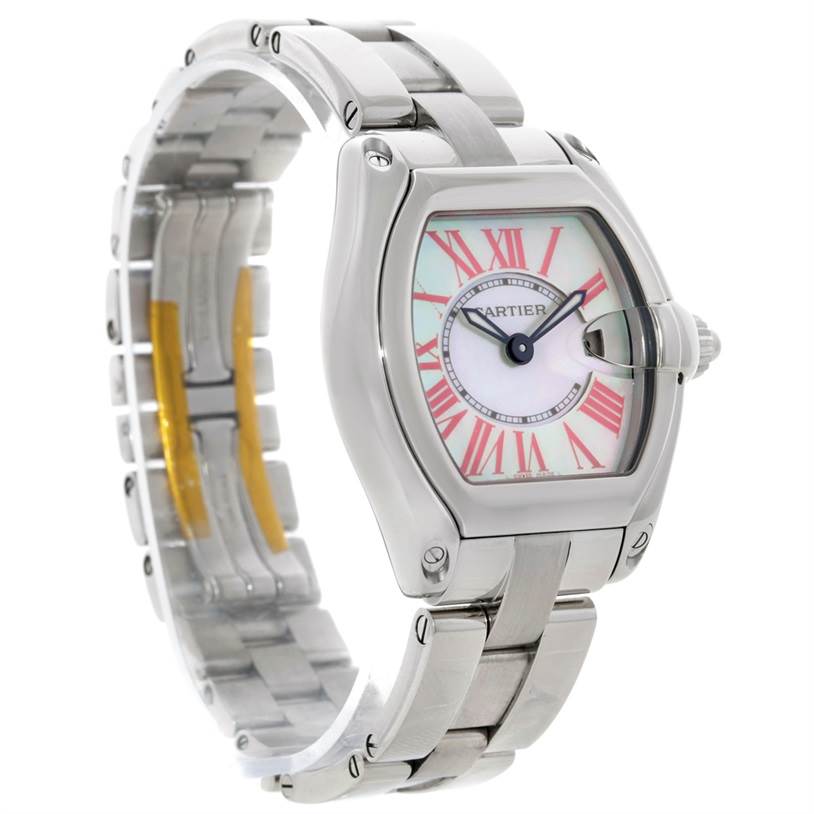 This image shows a Cartier Roadster W6206006 Women's Stainless Steel Mother of Pearl Dial W6206006 Women's Stainless Steel Mother of Pearl Dial watch from a 3/4 angle, highlighting the face, bezel, and full metal bracelet.