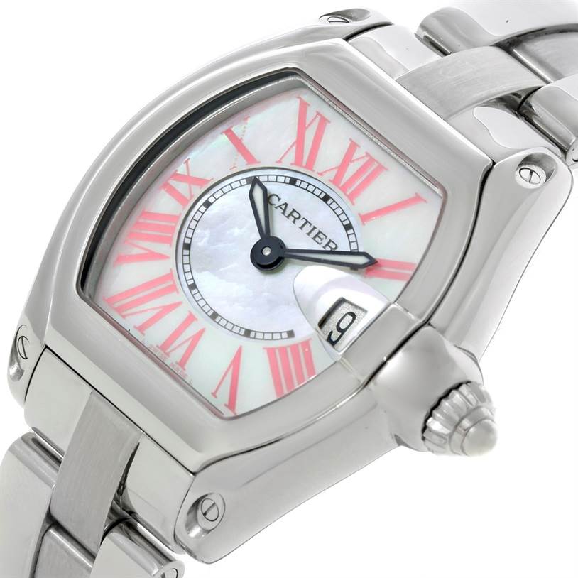 The image shows a close-up of the Cartier Roadster W6206006 Women's Stainless Steel Mother of Pearl Dial W6206006 Women's Stainless Steel Mother of Pearl Dial watch face, side case, crown, and part of the bracelet.