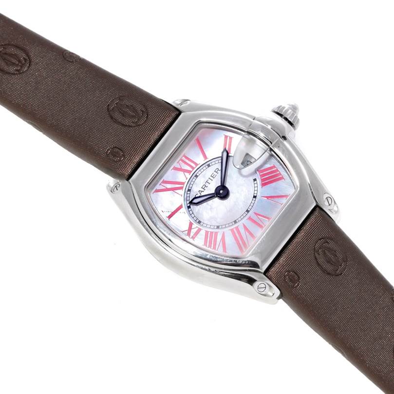 This image shows a Cartier Roadster W6206006 Women's Stainless Steel Mother of Pearl Dial W6206006 Women's Stainless Steel Mother of Pearl Dial watch from a top-down angle, including the face, case, and part of the brown strap.
