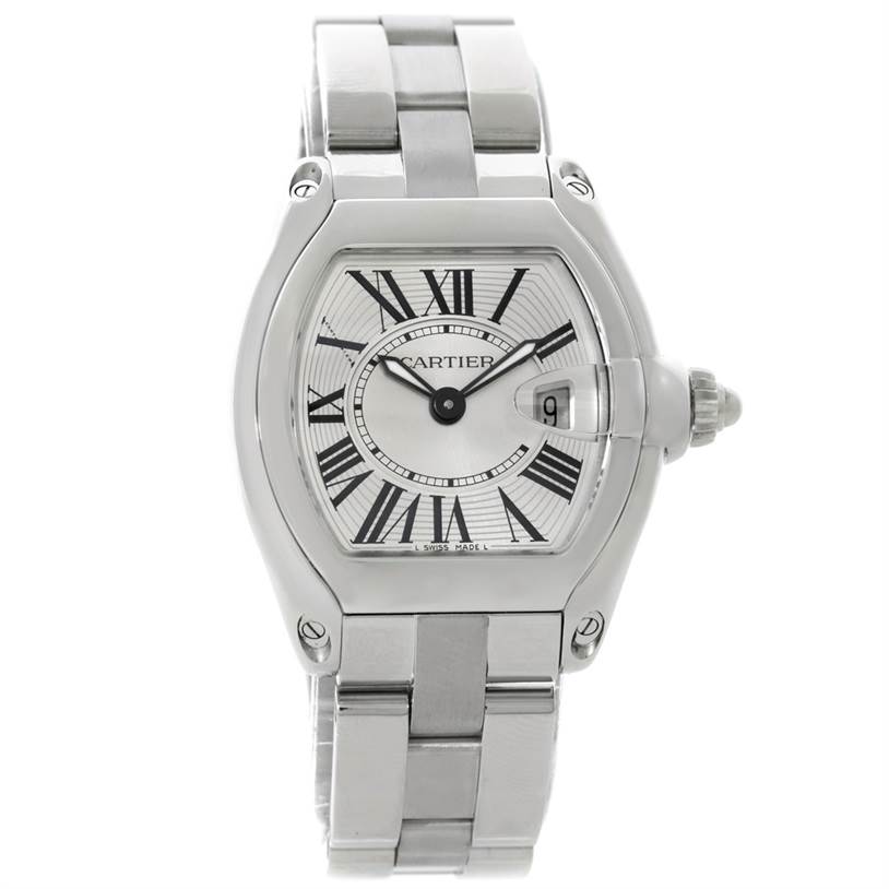 This image shows a front view of a Cartier Roadster W62016V3 Women's Stainless Steel Silver Dial W62016V3 Women's Stainless Steel Silver Dial watch, displaying the face, case, and bracelet.