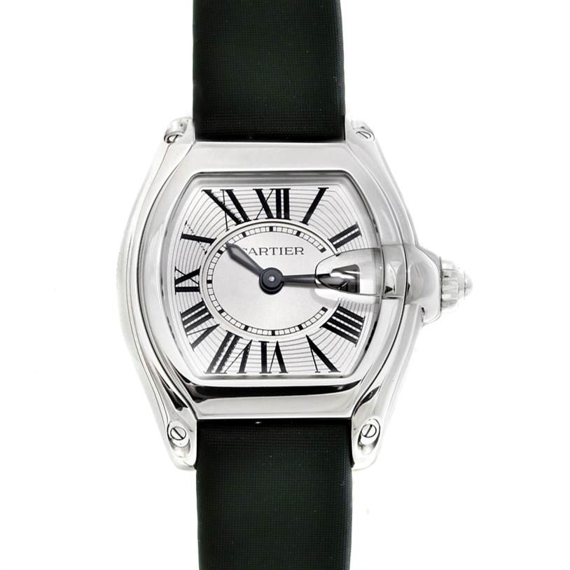 This image shows a Cartier Roadster W62016V3 Women's Stainless Steel Silver Dial W62016V3 Women's Stainless Steel Silver Dial watch from a front angle, highlighting its face, case, and strap.
