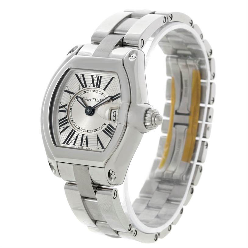 The Cartier Roadster W62016V3 Women's Stainless Steel Silver Dial W62016V3 Women's Stainless Steel Silver Dial watch is shown from an angled side view, displaying the face, bezel, crown, and part of the bracelet.