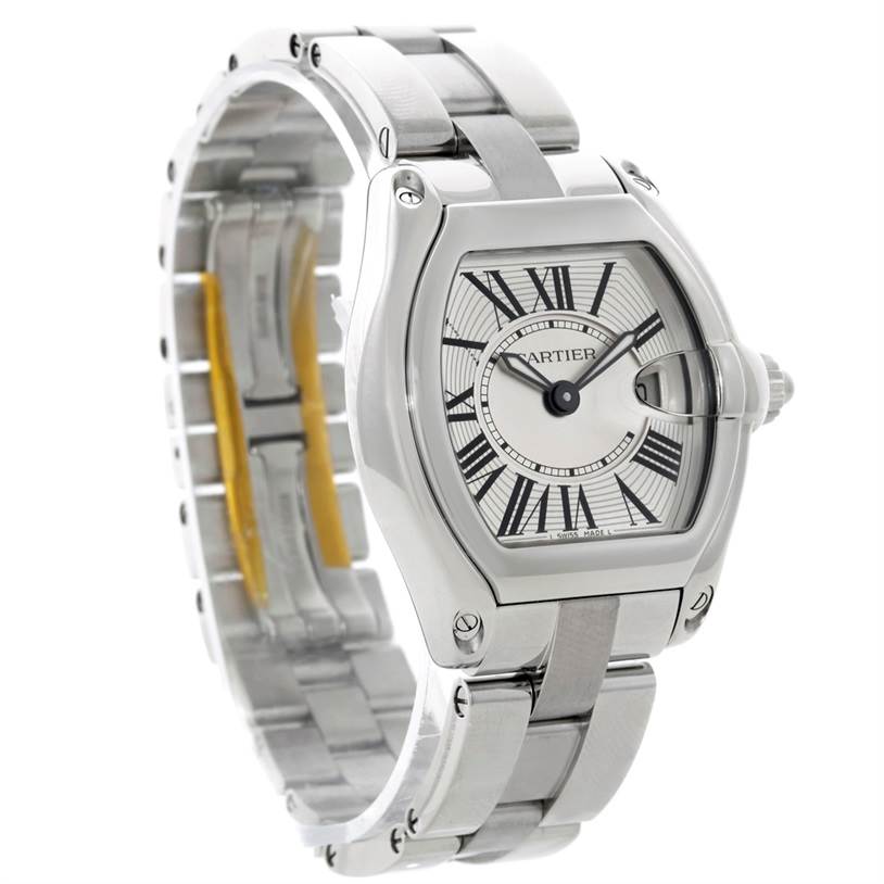 The image shows a Cartier Roadster W62016V3 Women's Stainless Steel Silver Dial W62016V3 Women's Stainless Steel Silver Dial watch from an angled side view, highlighting the dial, case, and metal bracelet.