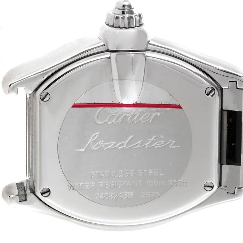 The image shows the back case of the Cartier Roadster W62016V3 Women's Stainless Steel Silver Dial W62016V3 Women's Stainless Steel Silver Dial watch, highlighting the branding and specifications.