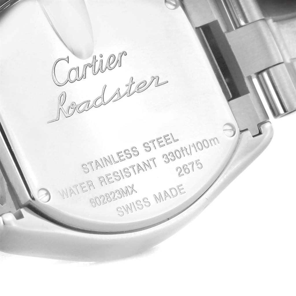 The image shows the back case of a Cartier Roadster W62017V3 Women's Stainless Steel Pink Dial W62017V3 Women's Stainless Steel Pink Dial watch, highlighting its stainless steel and water-resistant features.