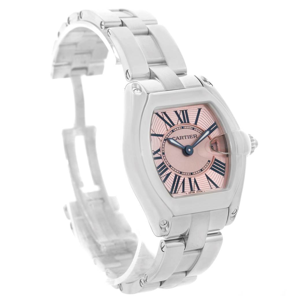 The Roadster model by Cartier is shown at a three-quarter angle, highlighting the face, bezel, band, and crown.