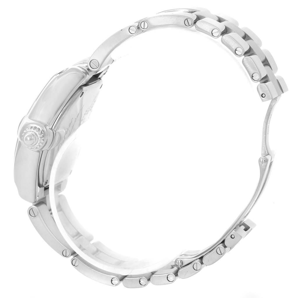 The image shows a side view of a Cartier Roadster W62017V3 Women's Stainless Steel Pink Dial W62017V3 Women's Stainless Steel Pink Dial watch, highlighting its crown, case, and linked bracelet.