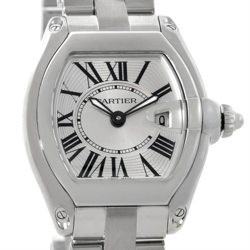 The image shows a front view of the Cartier Roadster W62016V3 Women's Stainless Steel Silver Dial W62016V3 Women's Stainless Steel Silver Dial watch, displaying its face, bezel, crown, and bracelet.