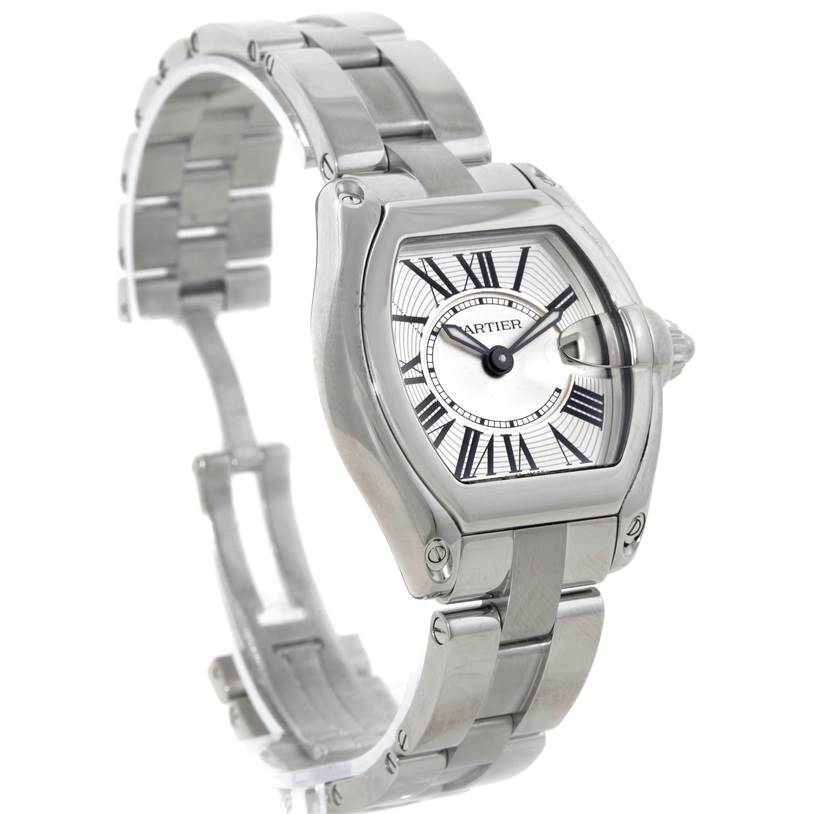 The image shows a Cartier Roadster W62016V3 Women's Stainless Steel Silver Dial W62016V3 Women's Stainless Steel Silver Dial watch from a front angle, highlighting the face, bezel, crown, and part of the bracelet.
